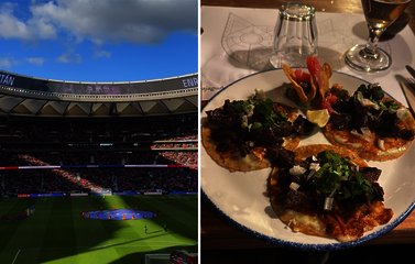 Collage: links Fußballstadion Madrid, rechts spanisches Essen