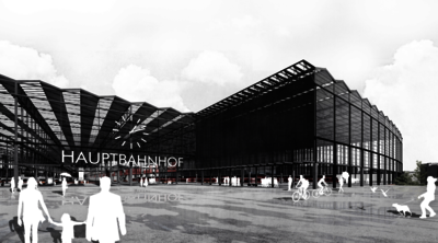 Entwurf zur Frontansicht des Hamburger Hauptbahnhofs mit einem großen Vorplatz und einer Front aus Stahlträgern, Glas, einer Uhr und der Aufschrift Hauptbahnhof.