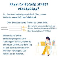 Grafik mit Erklärung, dass Bücher auf der Seite www.hs21.de/bibliothek nach Anmeldung im Benutzerkonto selbst verlängert werden können