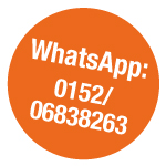 Kreis in Orange mit Aufschrift: WhatsApp: 0152/06838263